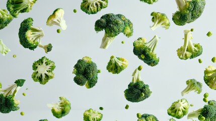 Broccoli pieces falling from above on a white backdrop, showcasing vibrant and nutritious cooking ingredients.