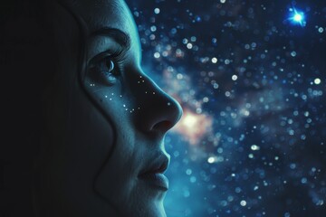 Obraz premium A woman looking out a window at the stars, her eyes filled with wonder, A woman gazing at the stars, her eyes filled with wonder and curiosity