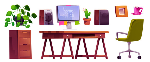 Home office furniture set isolated on white background. Vector cartoon illustration of wooden drawer, desk, desktop computer and loudspeakers, armchair, cactus, tea cup, photo frame, design elements