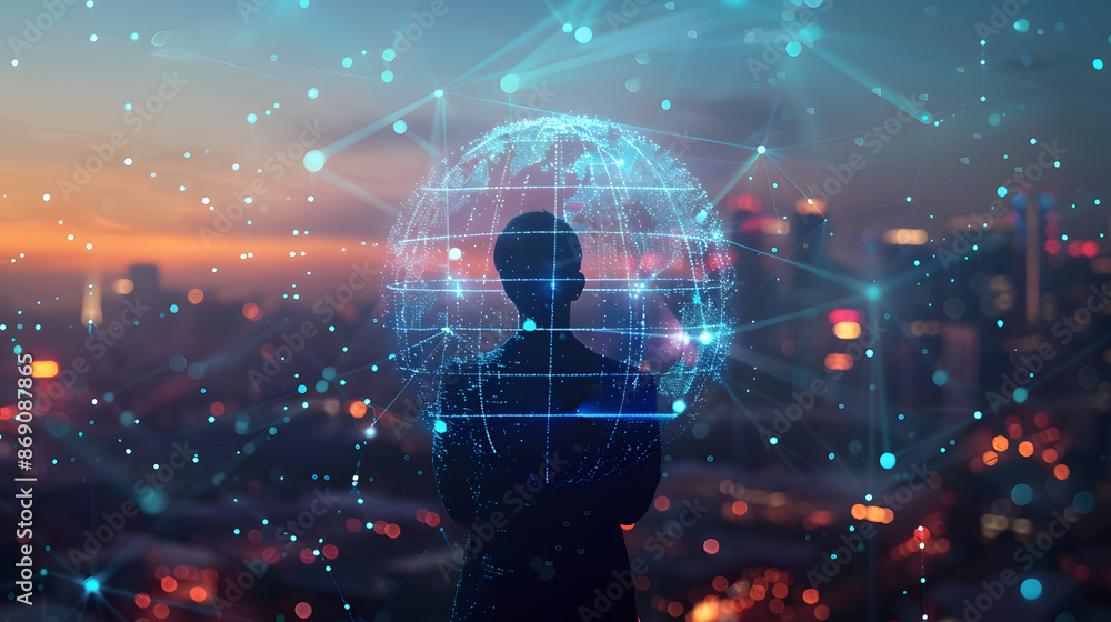 Poster shake with world globe cityscape, abstract vision, and futuristic network links business disruptive 