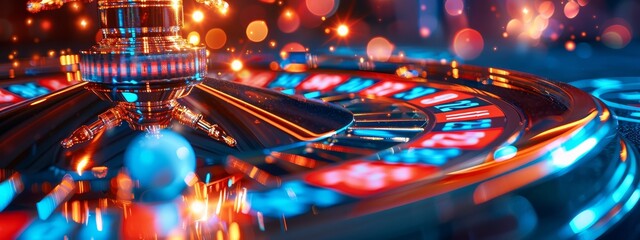  A tight shot of a roulette wheel in a well-lit casino, surrounded by softly blurred background lights