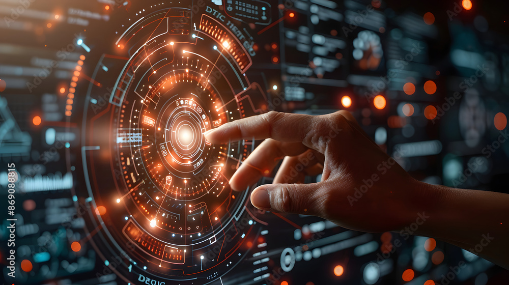 Poster technology abstract background with person hand touching complex circular diagram on virtual screen 