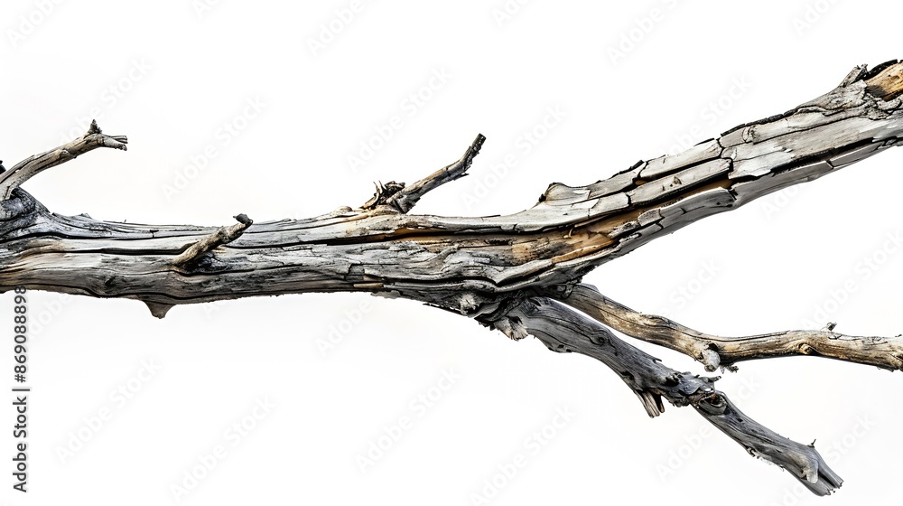 Poster dry tree twig and branch with knots isolated white background dry brushwood stick tree pieces of bro