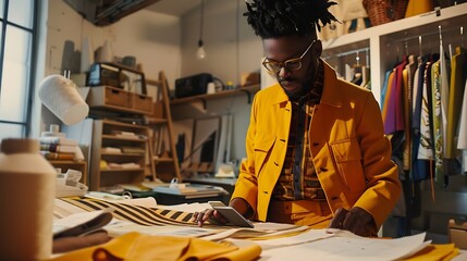 pleased african american designer looking at sewing patterns and talking on smartphone in atelier : Generative AI