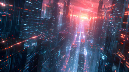 Fototapeta premium The concept of high-speed internet connection visualized as glowing cable webs sending digital data over spectacular futuristic cyberpunk cityscape with skyscrapers