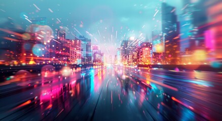 Fototapeta premium A cityscape with a blurry background and a bright neon sign by AI generated image