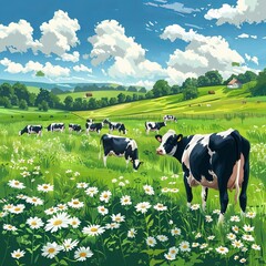 Rural landscape with cow in meadow, trees and blue sky with clouds, fresh natural product, vector illustration. Generative AI