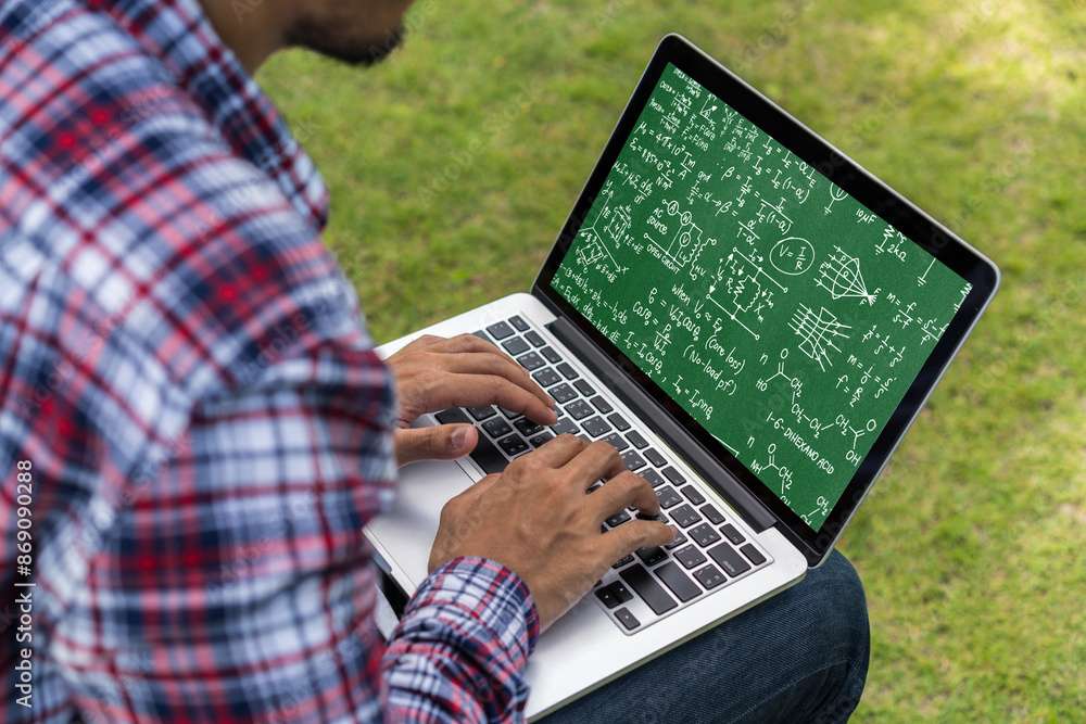 Poster mathematic equations and modish formula on computer screen showing concept of science and education