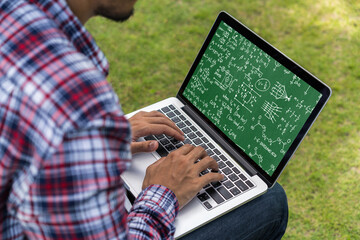Mathematic equations and modish formula on computer screen showing concept of science and education