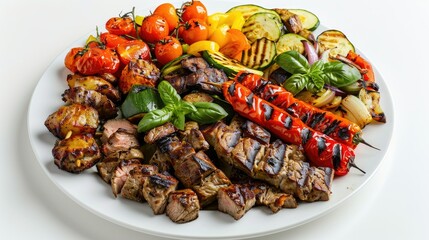 Plate filled with mouth-watering grilled vegetables, flavorful meat, and aromatic basil, isolated on a clean white background.