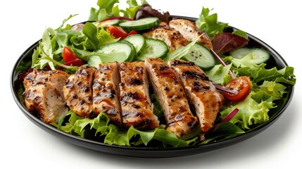 Plate with grilled chicken breast and mixed salad, isolated on white for gourmet dining and healthy eating inspiration.