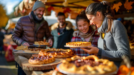 Family sampling pies at a lively autumn harvest festival