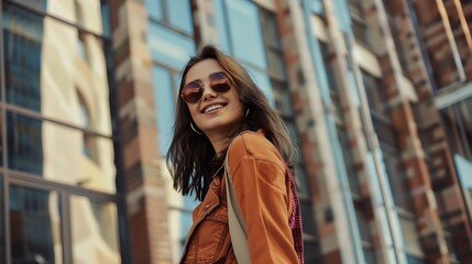 Fototapeta premium Fashion Young stylish woman walking on the city street looking back camera smiling playful : Generative AI