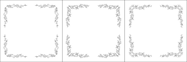 Set of three vegetal vector frames with butterflies and leaves. Black and white. Vector frame for all sizes and formats. Isolated vector illustration.	
