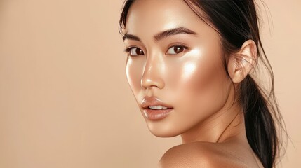 Fototapeta premium Stunning Asian woman with clean, healthy skin on a beige background, emphasizing her natural beauty.
