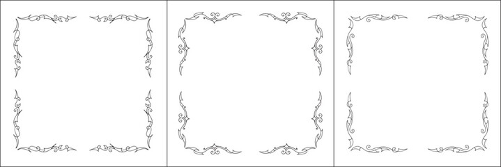 Set of three thin vector decorative frames. Black and white. Vector frame for all sizes and formats. Isolated vector illustration.	

