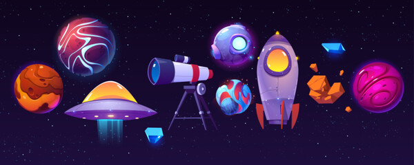 Cartoon space elements set with neon glow effect - alien planets and meteor stones, spaceship rocket and ufo, cosmos satellite and telescope on dark starry sky background. Vector set of cosmic icons. © klyaksun