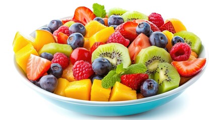 Vibrant bowl of fresh fruit salad, isolated on a white background, emphasizing nutritious eating.