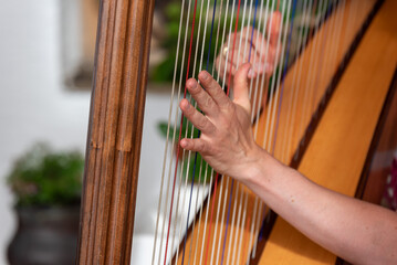close up of a woman playing a harp