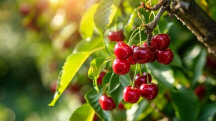 A bunch of bright, ripe cherries hang closely on a tree branch with vibrant green leaves, illuminated by the warm sunlight, showcasing the abundant and fresh harvest.