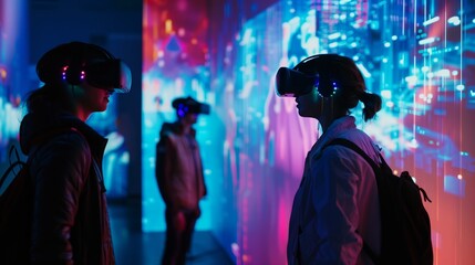 Futuristic expo with AI-human projection show. Innovators gather, inspired by luminous displays and virtual assistants.