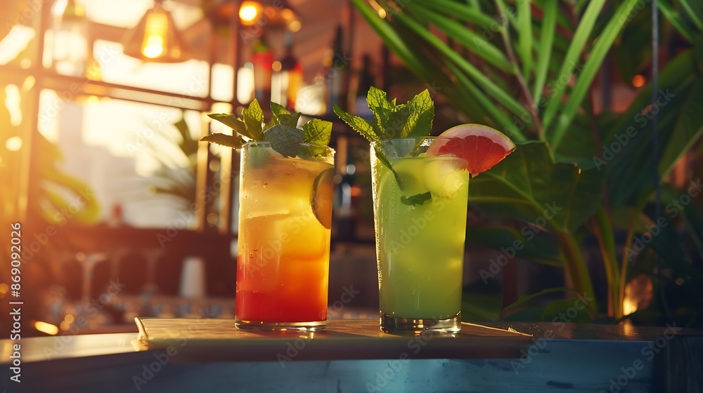 Poster Two vibrant cocktails adorned with mint leaves rest on a tray in an elegant softly lit bar setting One is a green mojito the other a reddishorange concoction both served in longstemmed : Generative AI