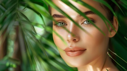 Fototapeta premium Young beautiful woman with healthy skin of face and palm leaves Closeup fresh face of an attractive caucasian girl with green plants Model with bright brown eye makeup Skin care concep : Generative AI