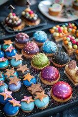 Explore a celestial-themed dessert tray adorned with galaxy-inspired sweets and cosmic decorations