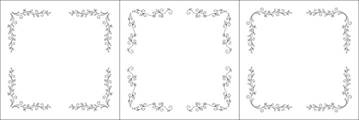 Set of three vegetal vector frames with forest flowers and leaves. Black and white. Vector frame for all sizes and formats. Isolated vector illustration.	
