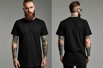 Tattooed Man in Black T-shirt Front and Back View