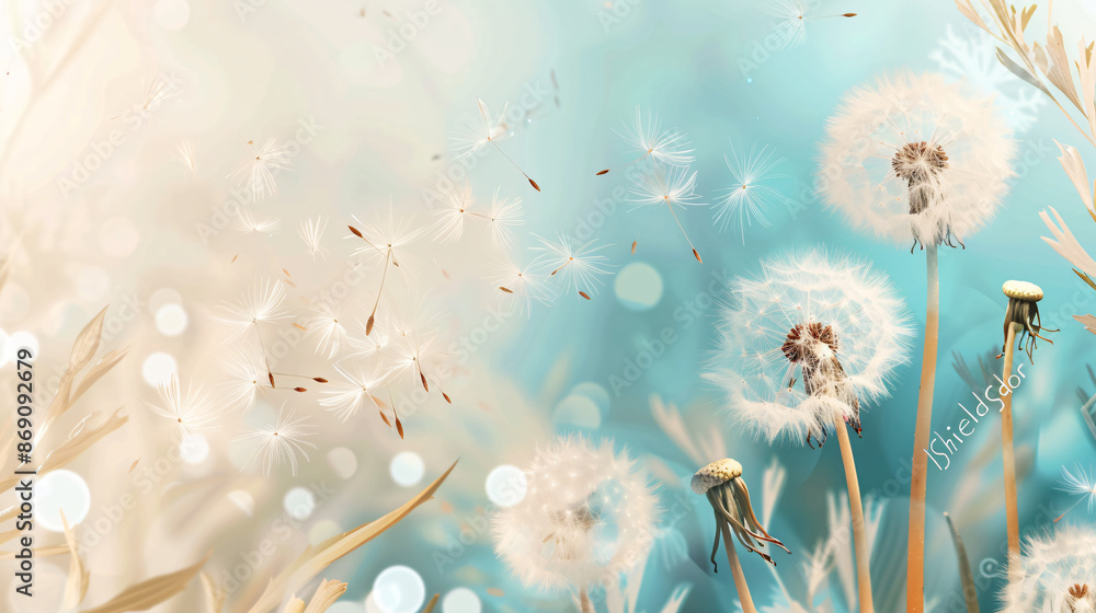 Aufkleber a light background with dandelion seeds blowing in the wind, in the style of a vector illustration, 