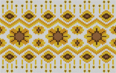 Knitted pattern seamless fabric sunflower on white. traditional knitted pattern vector ethnic style. Designed for background ,wallpaper ,carpet ,clothing ,knitted pattern ,fabric ,pixel art ,textile