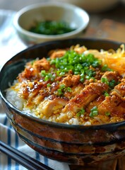 Fototapeta premium Close Up of Chicken Teriyaki Bowl with Green Onions
