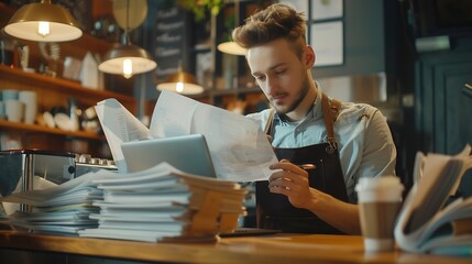 Attractive barista male or employee concentrate on stacks of tax declaration bills restaurant owner using laptop for bookkeeping control payment multitask small business lifestyle doin : Generative AI