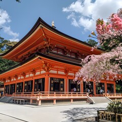 Obraz premium Traditional Japanese Temple with Cherry Blossoms