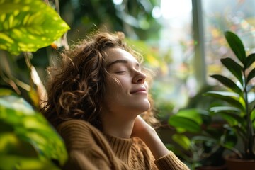 A woman sitting beside a potted plant, pausing to rest and enjoy her surroundings, A woman taking a moment to relax and reflect on her achievements