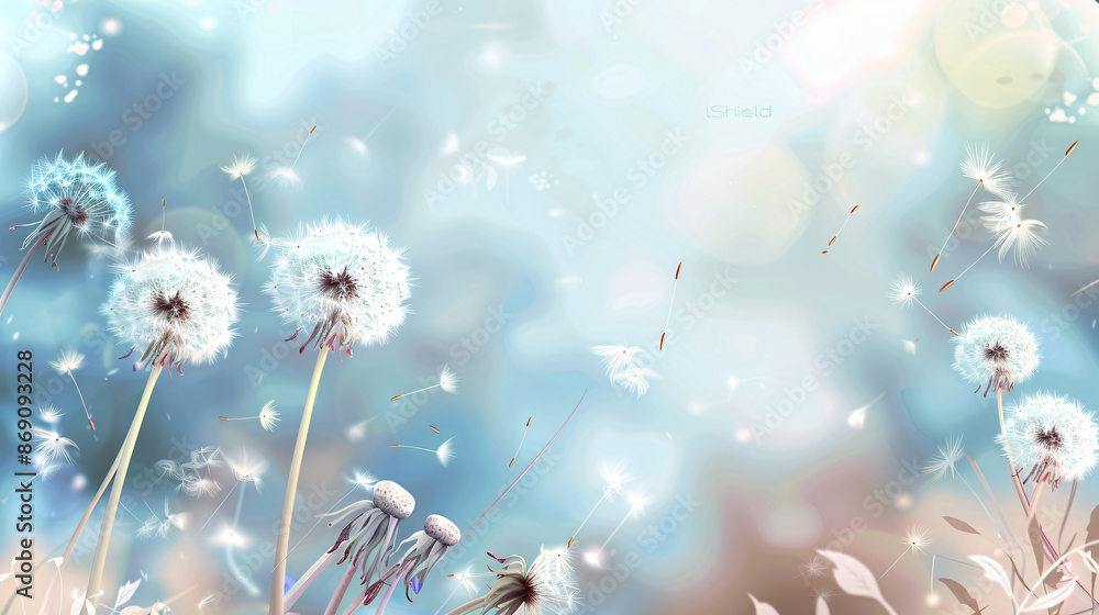 Aufkleber a light background with dandelion seeds blowing in the wind, in the style of a vector illustration, 