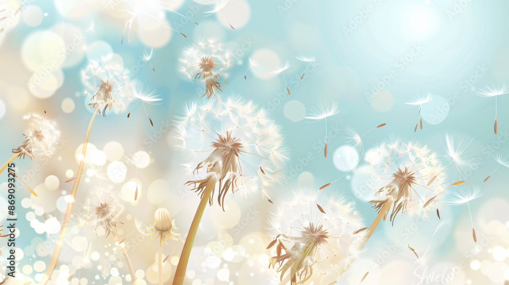 Poster a light background with dandelion seeds blowing in the wind, in the style of a vector illustration, 