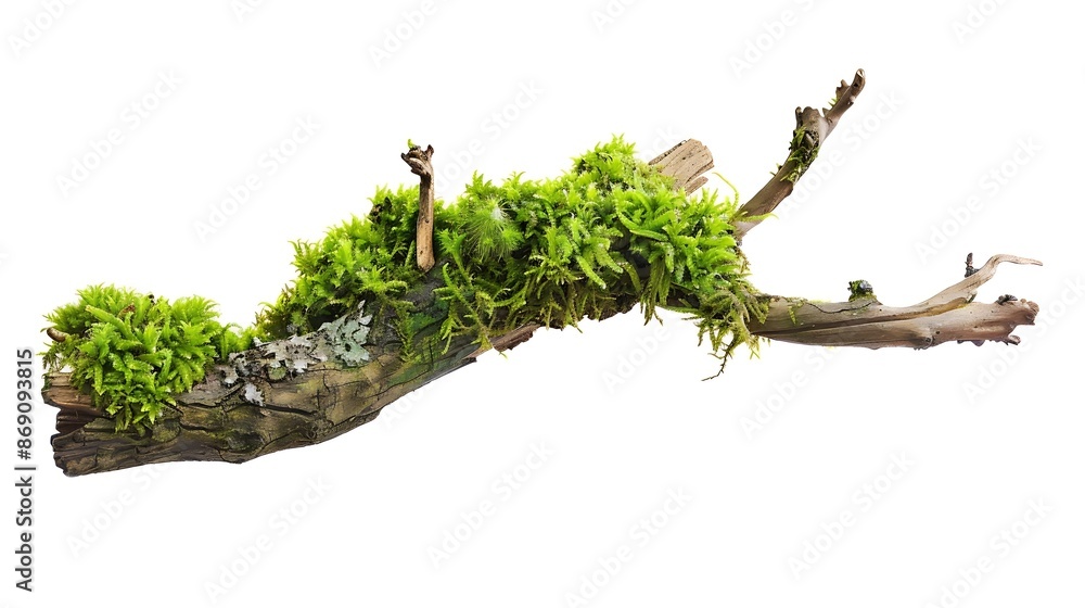 Poster fresh green moss on rotten branch isolated on white side view : generative ai