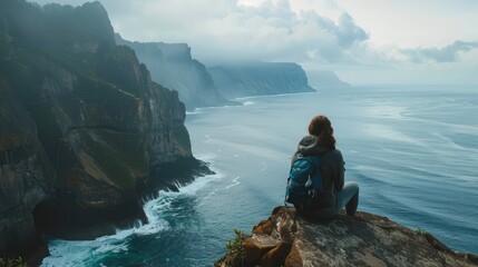 Solo traveler sitting on a cliff overlooking the ocean, capturing the solitude and beauty of solo travel