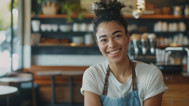 Young biracial woman smiles joyfully in a cafe setting her apron suggests she may be a barista or a small business owner at work : Generative AI