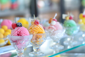 Colorful scoops of ice cream in glass bowls, featuring different flavors and garnishes, displayed in a dessert shop.