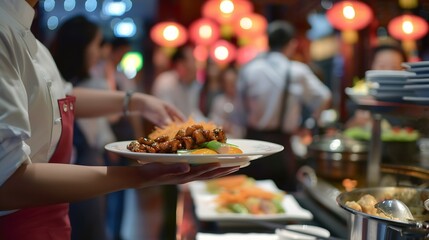 Waiter serving chinese food to customers sitting at restaurant : Generative AI