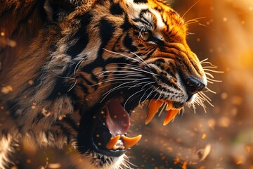 Close-up of a roaring tiger showcasing its fierce gaze.