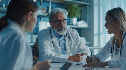 Senior and young doctors having informal meeting in clinic Doctors talking about difficult diagnosis collecting data about medical patients history : Generative AI