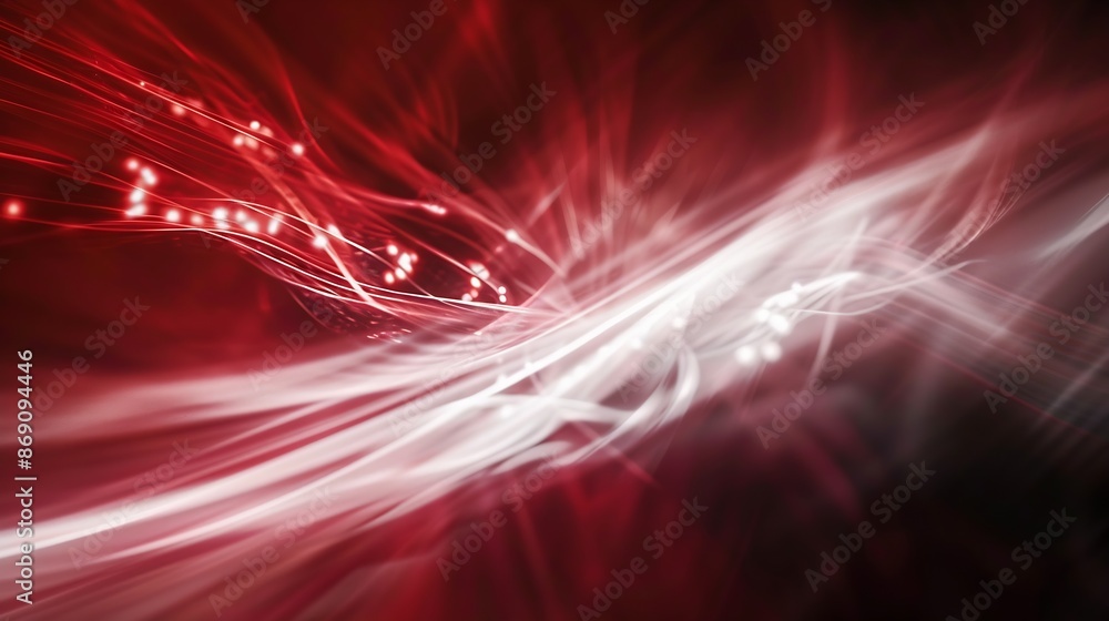 Poster abstract background with diffused tracks of bright red and white rays against dark blurred surface :