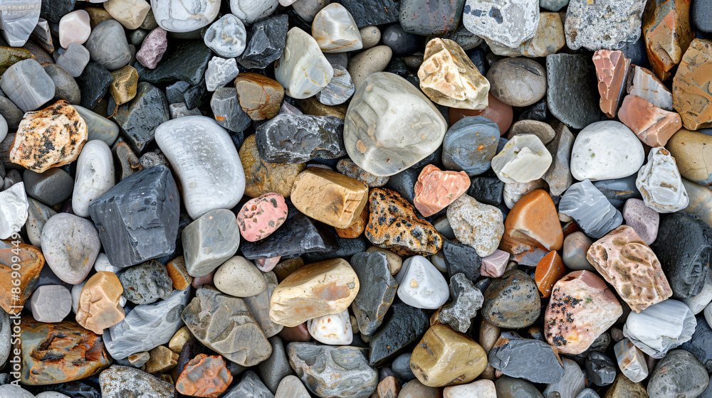 Poster colorful pebbles and rocks texture the background in a top view. the background features different c