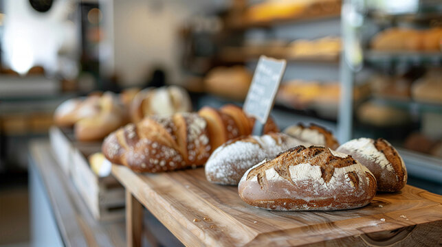 Freshly baked artisan breads displayed on a wooden countertop at a cozy bakery, offering a variety of delicious loaves.