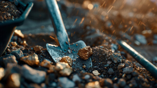 Shovel digging gold in soil. Close-up of mining tool and golden nuggets. Exploration and discovery theme.