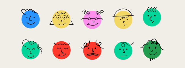 Round abstract comic Faces with various Emotions. Doodle drawing style. Different colorful characters. Cartoon style. Flat design. Hand drawn trendy Vector illustration.